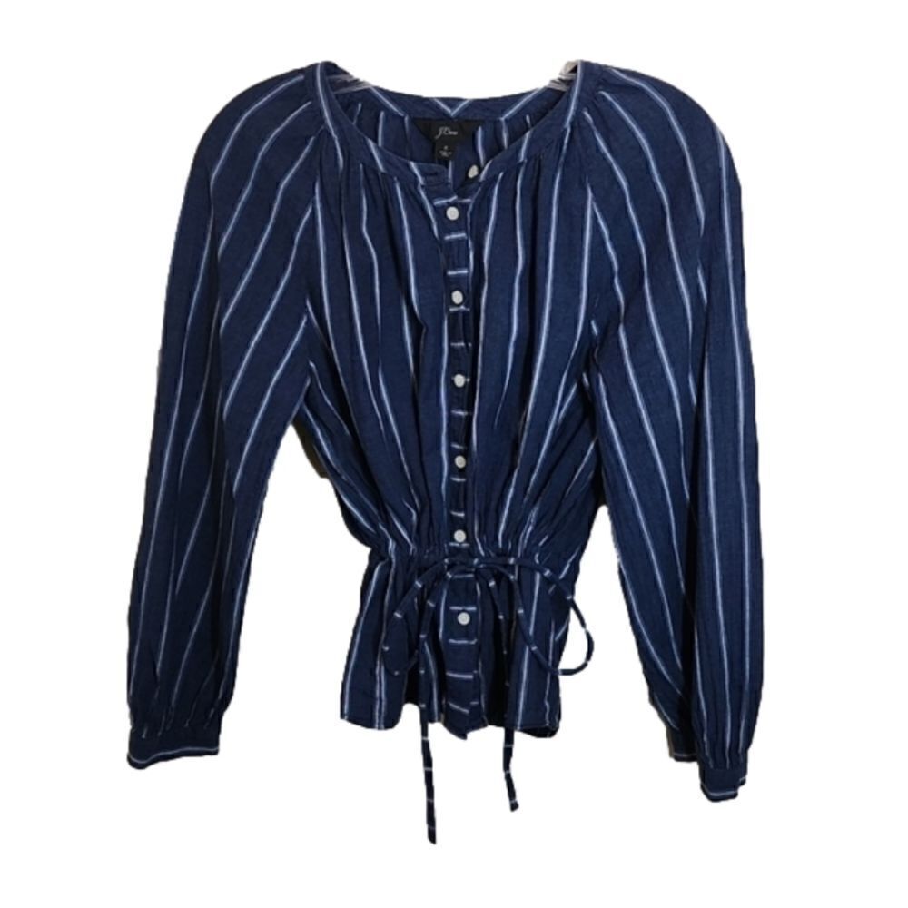 JCREW Linen Blend Denim Top Full Button Front Cinching Waist Contrasting Stripes - Picture 15 of 15